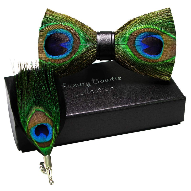 RBOCOTT Leather Feather Handmade Pre-tied Bow tie and Brooch Sets for Men(1) - Image 2